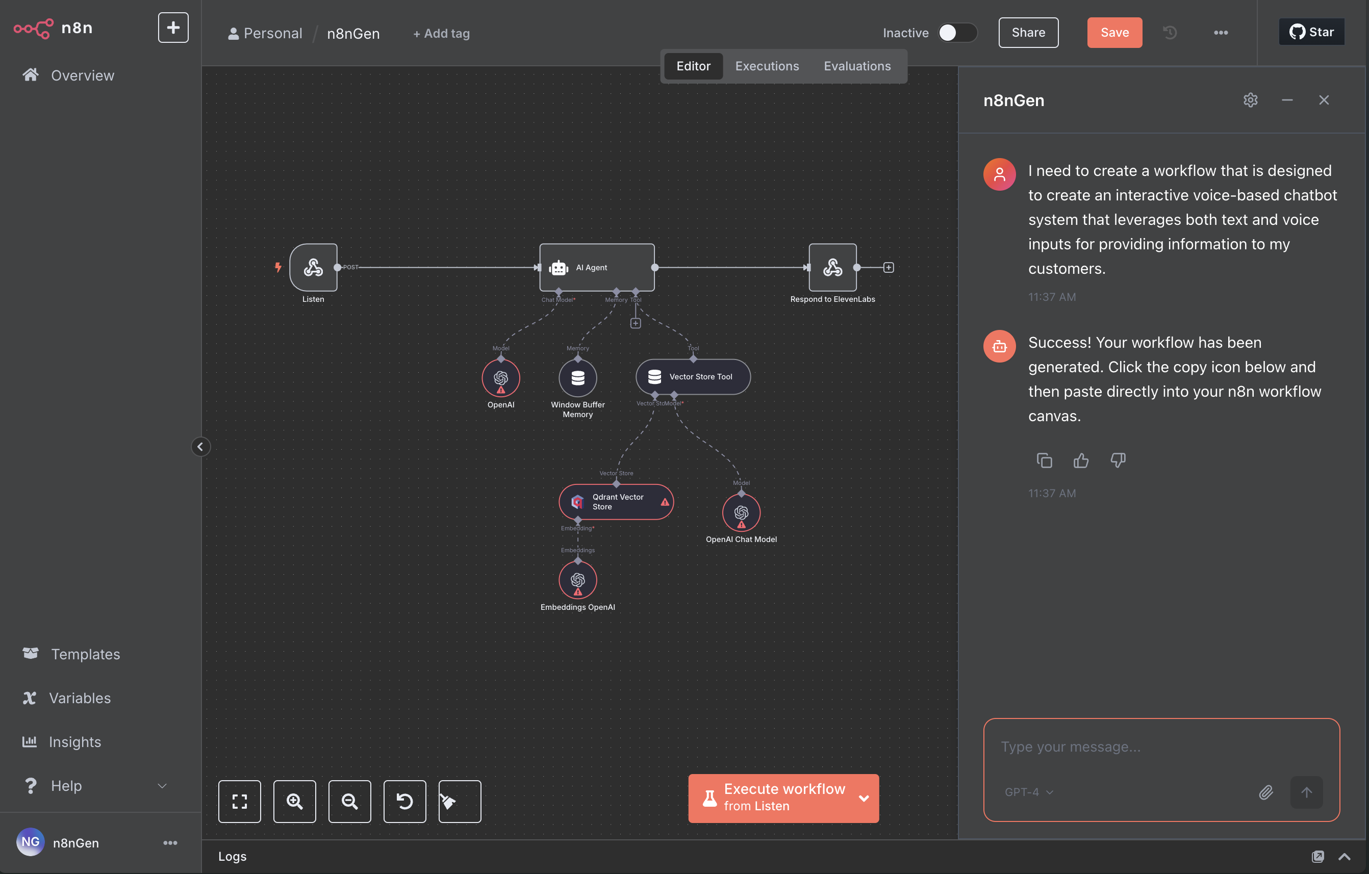n8nGen workflow creation interface showing an interactive voice-based chatbot system